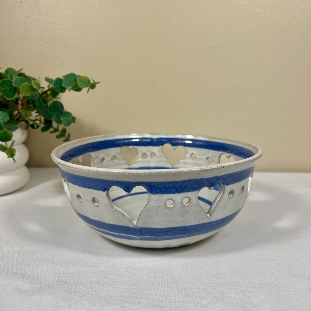 Vintage Handcrafted Blue and White Heart Pottery Bowl